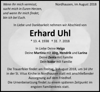 Traueranzeige von Erhard Uhl von Schwäbische Post