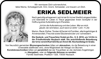 Traueranzeige von Erika Sedlmeier von Gmünder Tagespost