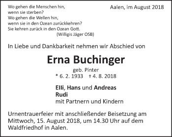 Traueranzeige von Erna Buchinger von Schwäbische Post