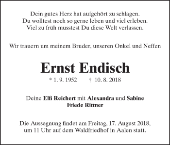Traueranzeige von Ernst Endisch von Schwäbische Post