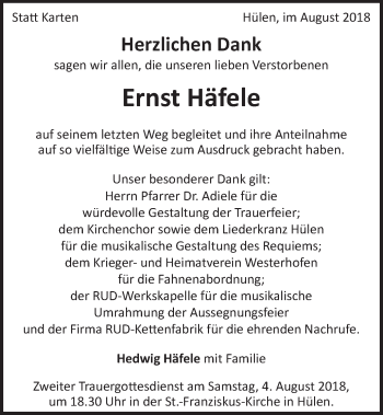 Traueranzeige von Ernst Häfele von Schwäbische Post