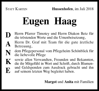 Traueranzeige von Eugen Haag von Gmünder Tagespost