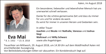 Traueranzeige von Eva Mai von Schwäbische Post