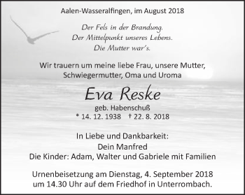 Traueranzeige von Eva Reske von Schwäbische Post