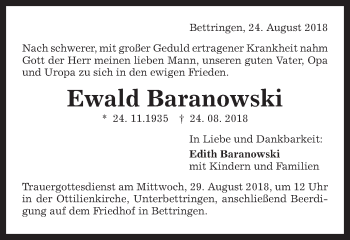 Traueranzeige von Ewald Baranowski von Gmünder Tagespost