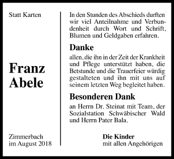 Traueranzeige von Franz Abele von Gmünder Tagespost