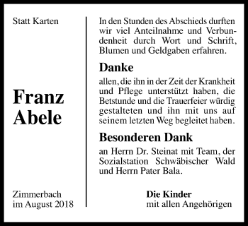 Traueranzeige von Franz Abele