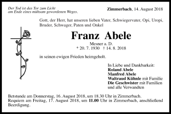Traueranzeige von Franz Abele von Gmünder Tagespost