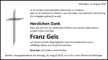 Traueranzeige von Franz Geis von Schwäbische Post