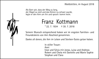 Traueranzeige von Franz Kottmann von Gmünder Tagespost