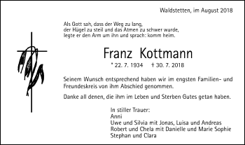 Traueranzeige von Franz Kottmann