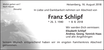 Traueranzeige von Franz Schlipf von Schwäbische Post