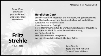 Traueranzeige von Fritz Strehle von Schwäbische Post