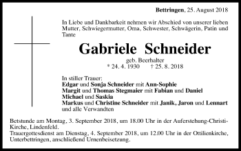 Traueranzeige von Gabriele Schneider von Gmünder Tagespost
