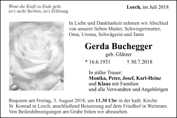 Traueranzeige von Gerda Buchegger von Gmünder Tagespost