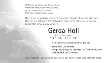 Traueranzeige von Gerda Holl von Schwäbische Post