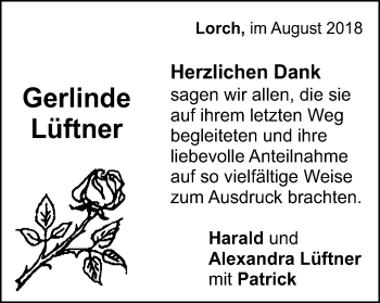 Traueranzeige von Gerlinde Lüftner von Gmünder Tagespost