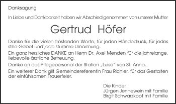 Traueranzeige von Gertrud Höfer von Gmünder Tagespost