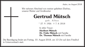Traueranzeige von Gertrud Mütsch von Schwäbische Post