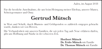 Traueranzeige von Gertrud Mütsch von Schwäbische Post