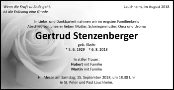 Traueranzeige von Gertrud Stenzenberger von Schwäbische Post