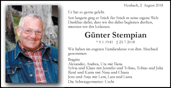 Traueranzeige von Günter Stempian  von Gmünder Tagespost