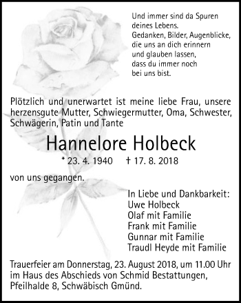 Traueranzeige von Hannelore Holbeck