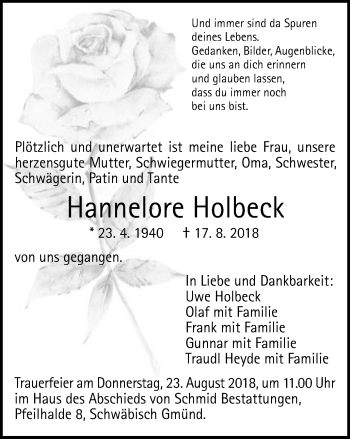 Traueranzeige von Hannelore Holbeck von Gmünder Tagespost