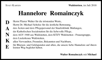 Traueranzeige von Hannelore Romainczyk von Gmünder Tagespost