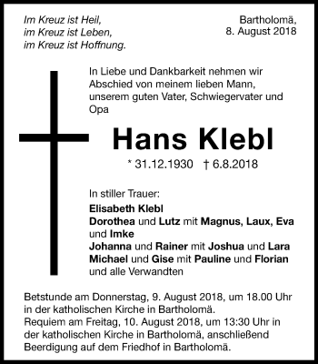 Traueranzeige von Hans Klebl von Gmünder Tagespost