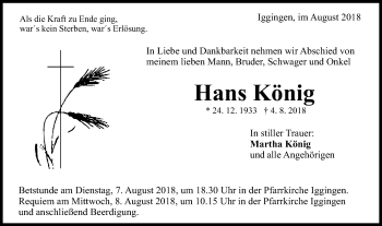 Traueranzeige von Hans König von Gmünder Tagespost