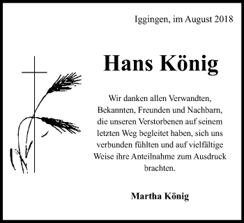 Traueranzeige von Hans König von Gmünder Tagespost