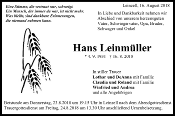 Traueranzeige von Hans Leinmüller von Gmünder Tagespost
