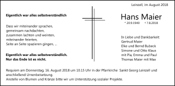 Traueranzeige von Hans Maier von Gmünder Tagespost