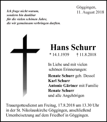 Traueranzeige von Hans Schurr von Gmünder Tagespost