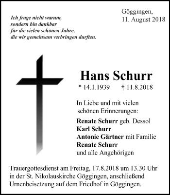 Traueranzeige von Hans Schurr