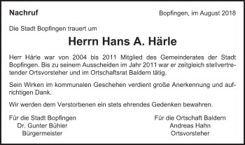 Traueranzeige von Hans A. Härle von Bopfinger Stadtanzeiger