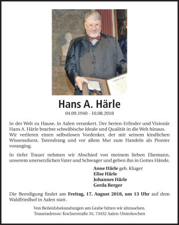 Traueranzeige von Hans A. Härle von Schwäbische Post