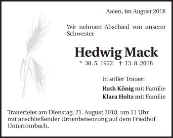 Traueranzeige von Hedwig Mack von Schwäbische Post