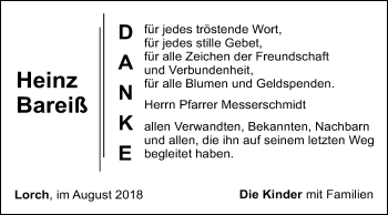 Traueranzeige von Heinz Bareiß von Gmünder Tagespost