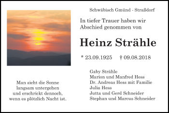 Traueranzeige von Heinz Strähle von Gmünder Tagespost