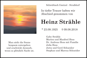 Traueranzeige von Heinz Strähle