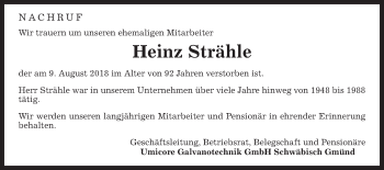 Traueranzeige von Heinz Strähle von Gmünder Tagespost