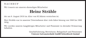 Traueranzeige von Heinz Strähle