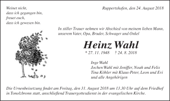 Traueranzeige von Heinz Wahl von Gmünder Tagespost