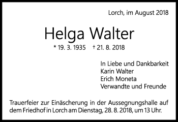 Traueranzeige von Helga Walter von Gmünder Tagespost