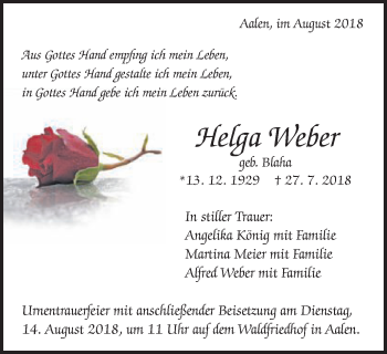 Traueranzeige von Helga Weber von Schwäbische Post
