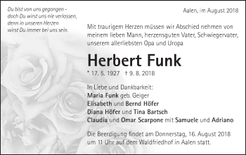 Traueranzeige von Herbert Funk von Schwäbische Post