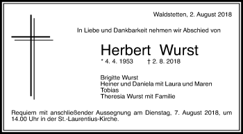 Traueranzeige von Herbert Wurst von Gmünder Tagespost