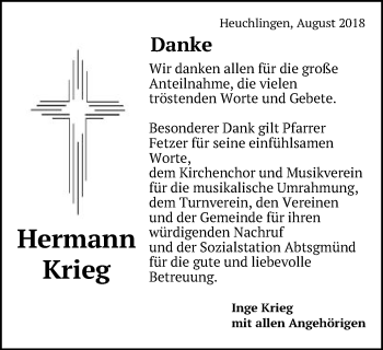 Traueranzeige von Hermann Krieg von Gmünder Tagespost